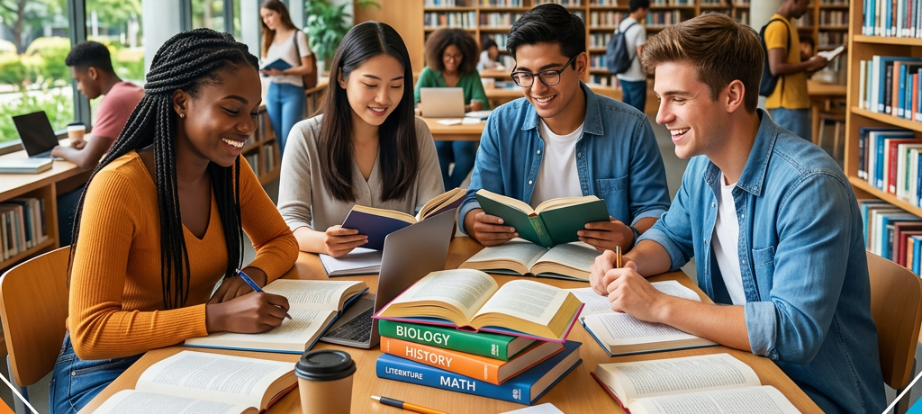 Diverse group of students studying together at a library table with books and laptops